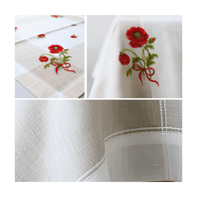 MANTEL BORDADO FLORAL RECTANGULAR BEIGE Y BLANCO 150X250 CM CON DISEÑO AMAPOLA - 4
