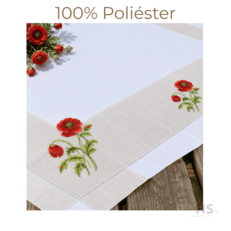 MANTEL BORDADO FLORAL RECTANGULAR BEIGE Y BLANCO 150X250 CM CON DISEÑO AMAPOLA - 5