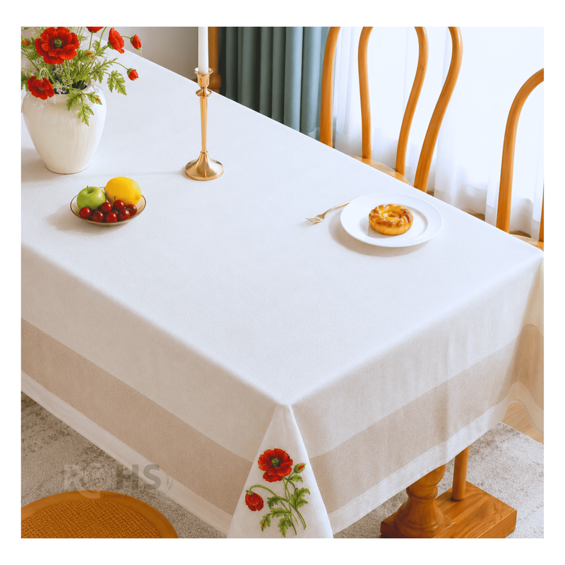 MANTEL BORDADO FLORAL RECTANGULAR BEIGE Y BLANCO 150X250 CM CON DISEÑO AMAPOLA - 7