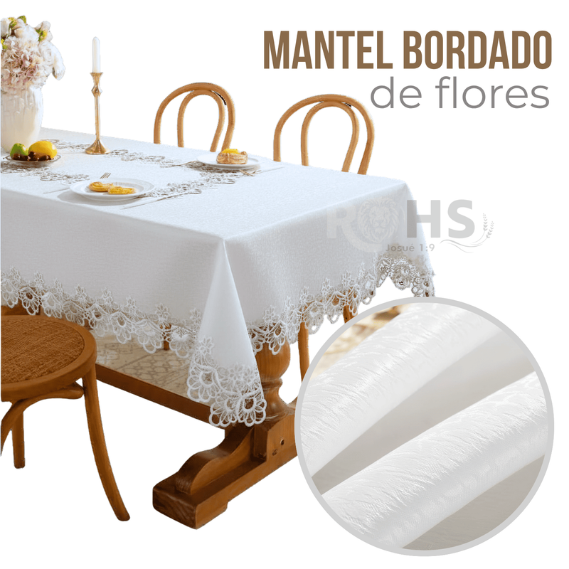 MANTEL BORDADO FLORAL RECTANGULAR BLANCO 150X250 CM CON ENCAJE DECORATIVO - 1
