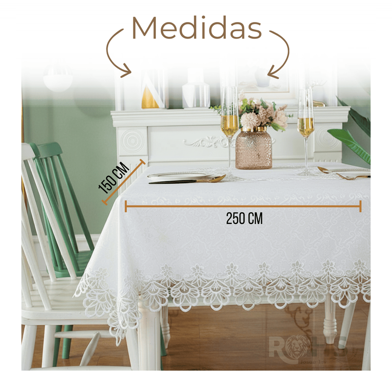 MANTEL BORDADO FLORAL RECTANGULAR BLANCO 150X250 CM CON ENCAJE DECORATIVO - 3