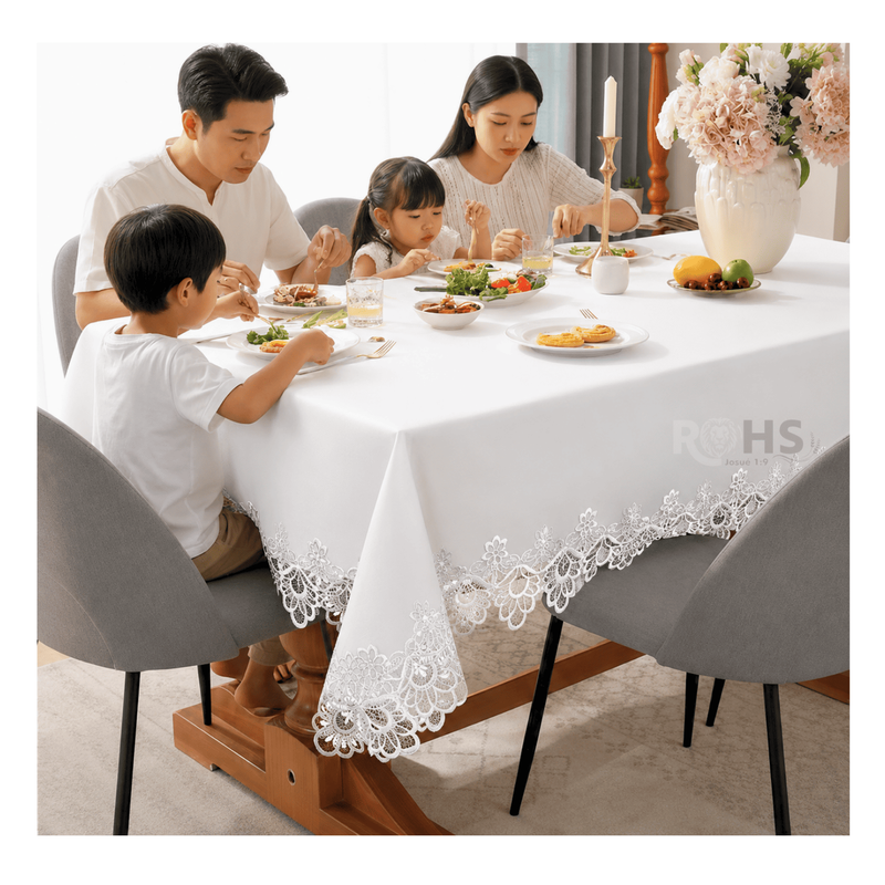 MANTEL BORDADO FLORAL RECTANGULAR BLANCO 150X250 CM CON ENCAJE DECORATIVO - 6