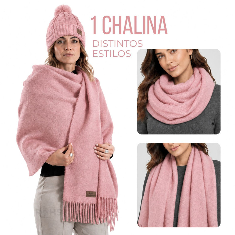 CHALINA ROSADA + GORRO CON POMPÓN DE TELA SUAVE - 2