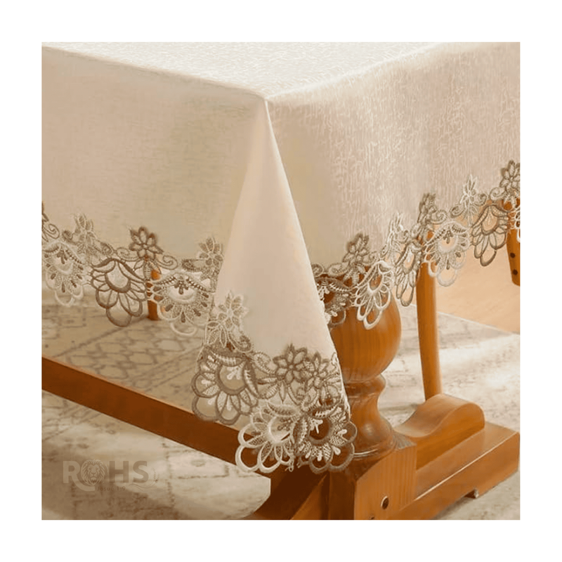 MANTEL BORDADO FLORAL RECTANGULAR BEIGE 150X250 CM CON ENCAJE DECORATIVO - 2