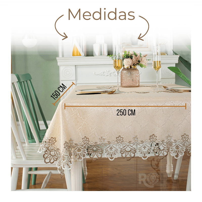 MANTEL BORDADO FLORAL RECTANGULAR BEIGE 150X250 CM CON ENCAJE DECORATIVO - 3