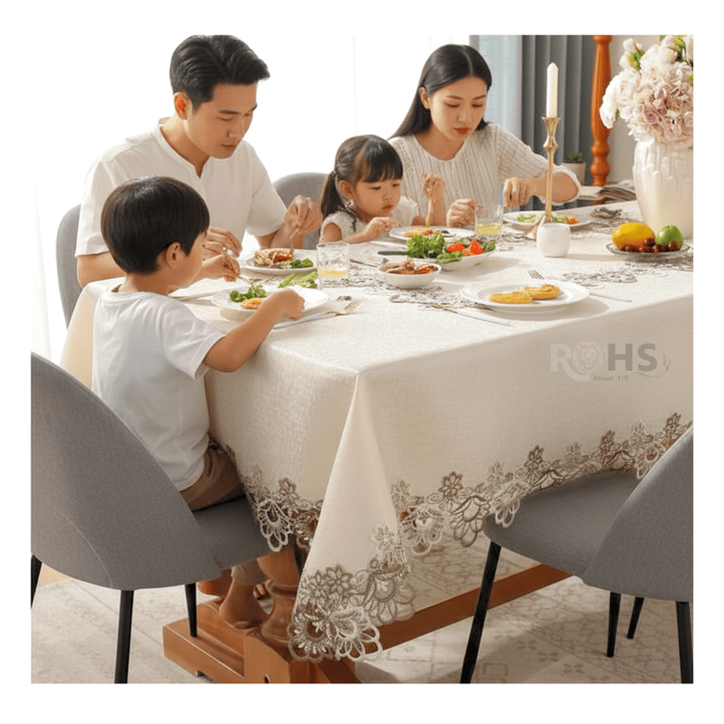MANTEL BORDADO FLORAL RECTANGULAR BEIGE 150X250 CM CON ENCAJE DECORATIVO - 6