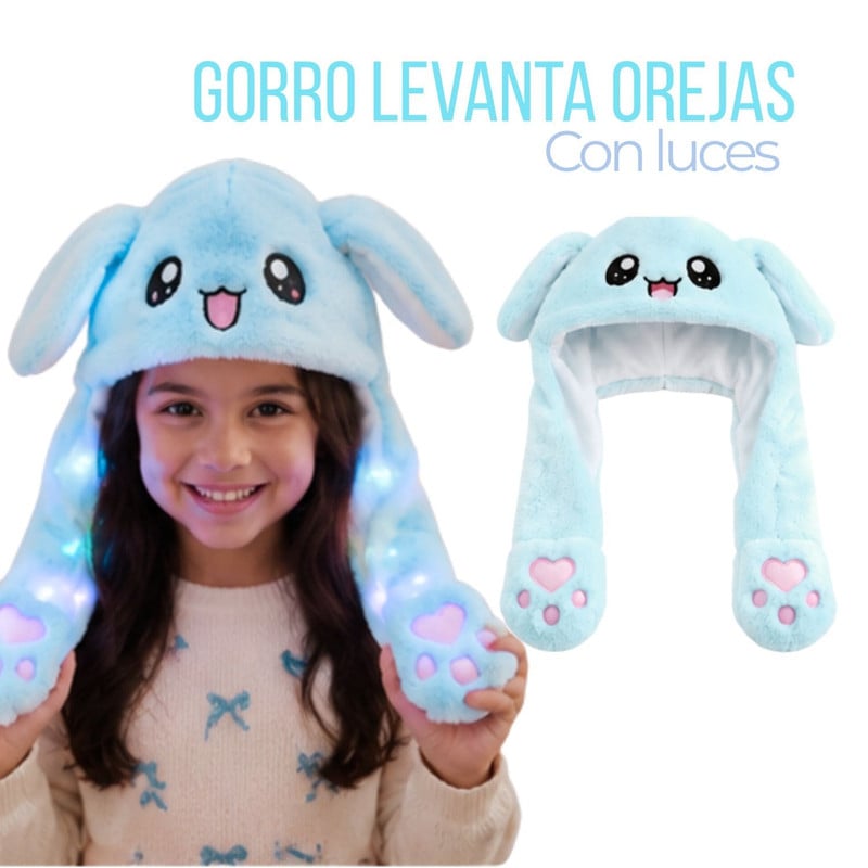 GORRO LEVANTA OREJAS CELESTE CON LUCES DE COLORES DE TELA SUAVE - 1