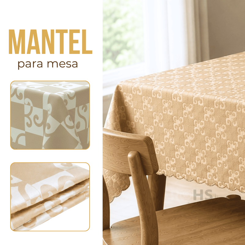 MANTEL RECTANGULAR DE POLIÉSTER BEIGE DORADO 140X220 CM PARA MESA COMEDOR - 1