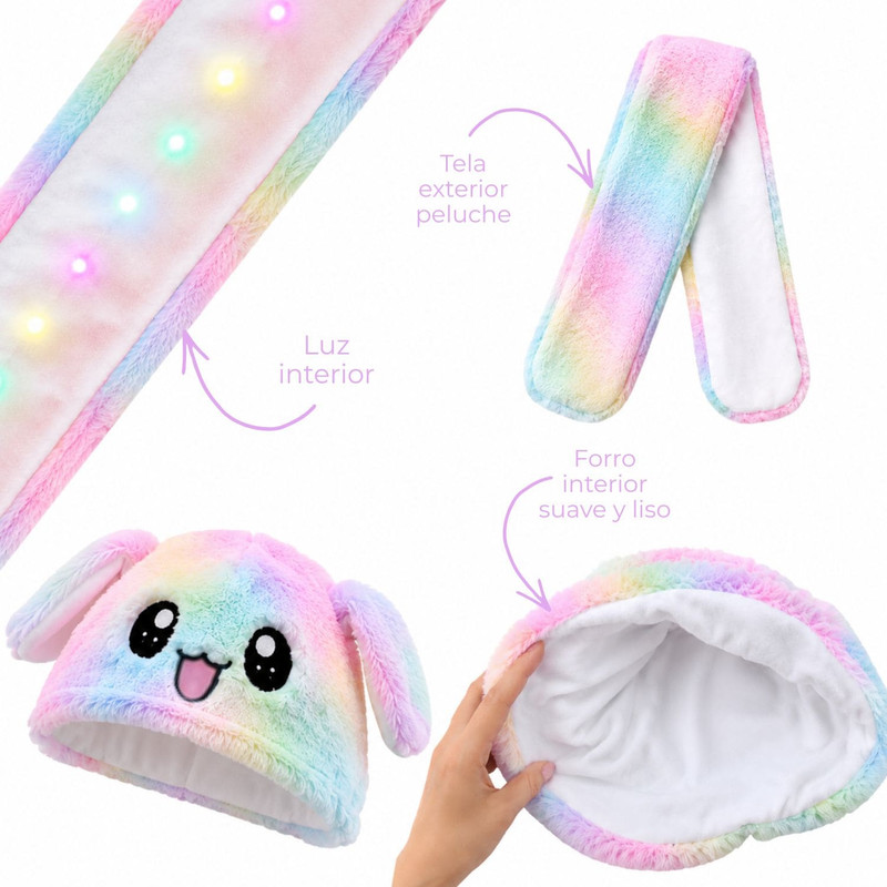 GORRO LEVANTA OREJAS MULTICOLOR CON LUCES DE COLORES DE TELA SUAVE - 4