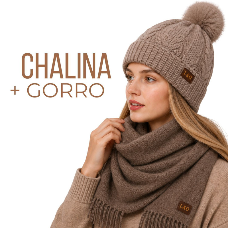 CHALINA CAFÉ + GORRO CON POMPÓN DE TELA SUAVE - 1