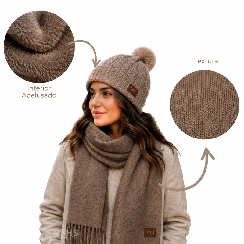 CHALINA CAFÉ + GORRO CON POMPÓN DE TELA SUAVE - 4