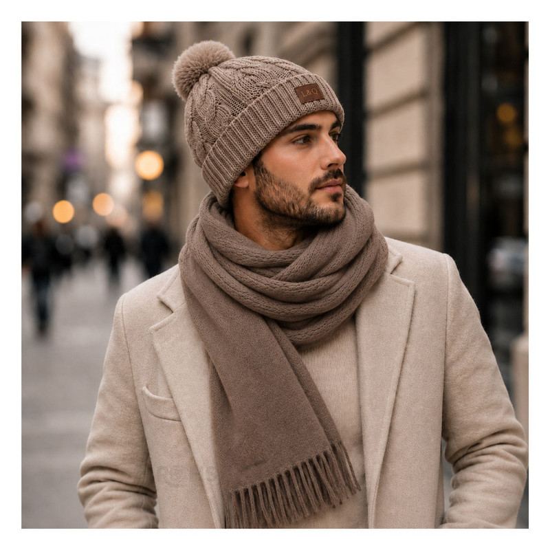 CHALINA CAFÉ + GORRO CON POMPÓN DE TELA SUAVE - 7