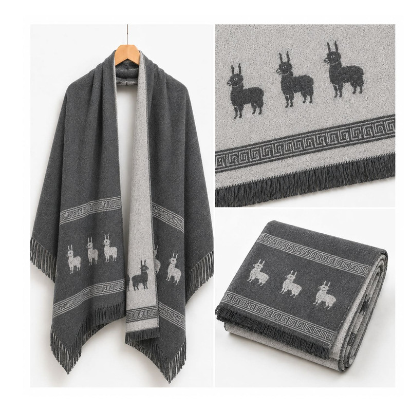 CHALINA REVERSIBLE GRIS Y GRIS CLARO CON DISEÑO DE LLAMAS TELA SUAVE 184 X 32 CM - 4