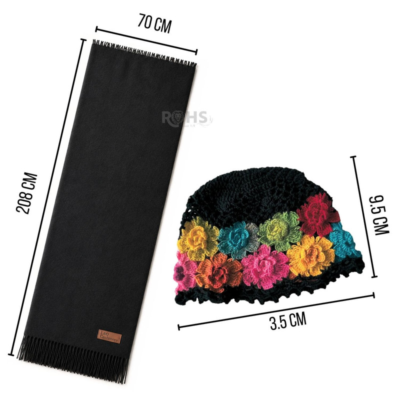 CHALINA NEGRA + GORRO TEJIDO CON FLORES MULTICOLOR DE TELA SUAVE - 2