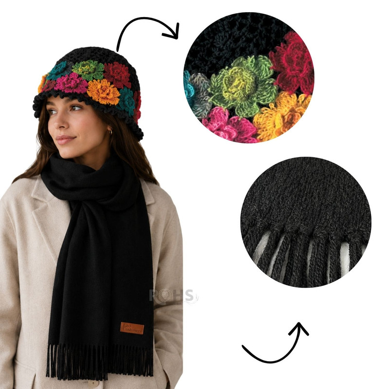 CHALINA NEGRA + GORRO TEJIDO CON FLORES MULTICOLOR DE TELA SUAVE - 5