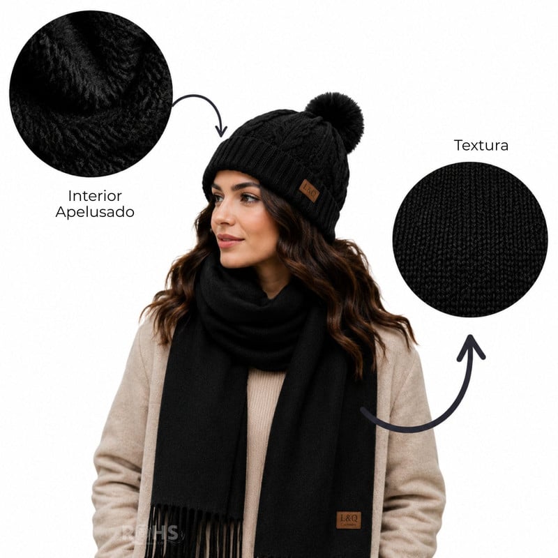 CHALINA NEGRA + GORRO CON POMPÓN DE TELA SUAVE - 4