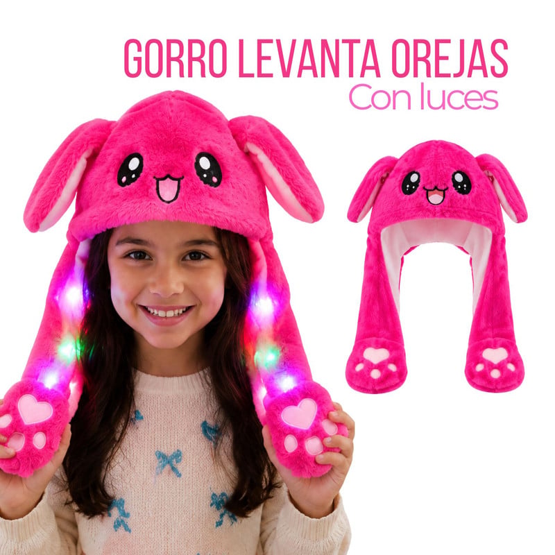 GORRO LEVANTA OREJAS FUCSIA CON LUCES DE COLORES DE TELA SUAVE - 1