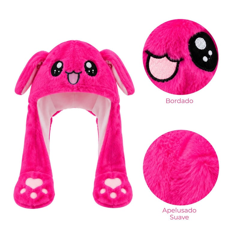 GORRO LEVANTA OREJAS FUCSIA CON LUCES DE COLORES DE TELA SUAVE - 3