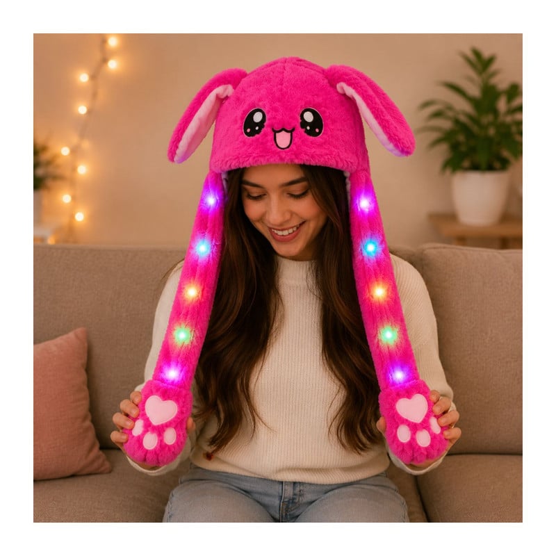 GORRO LEVANTA OREJAS FUCSIA CON LUCES DE COLORES DE TELA SUAVE - 5