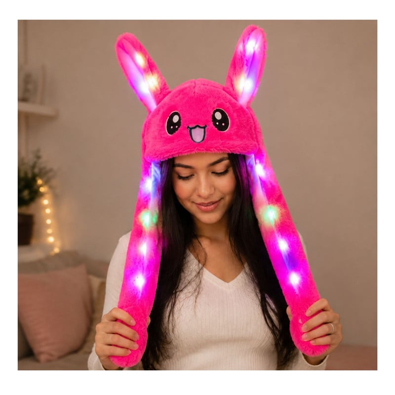 GORRO LEVANTA OREJAS FUCSIA CON LUCES DE COLORES DE TELA SUAVE - 6
