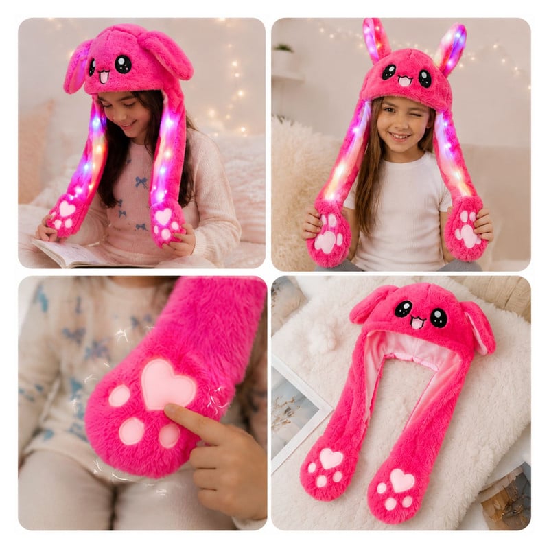 GORRO LEVANTA OREJAS FUCSIA CON LUCES DE COLORES DE TELA SUAVE - 7