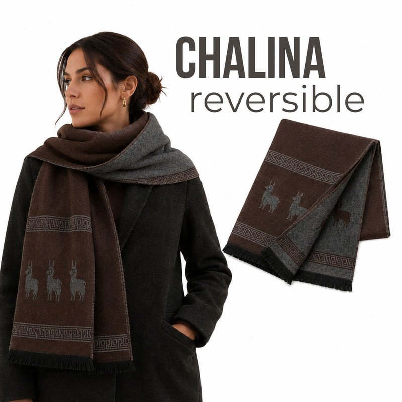 CHALINA REVERSIBLE MARRÓN Y GRIS OSCURO CON DISEÑO DE LLAMAS TELA SUAVE 184 X 32 CM - 1