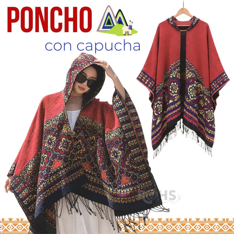 PONCHO CON CAPUCHA ROJA CON BORDADO COLORIDO DE TELA SUAVE CON FLECOS 52 X 46 CM - 1