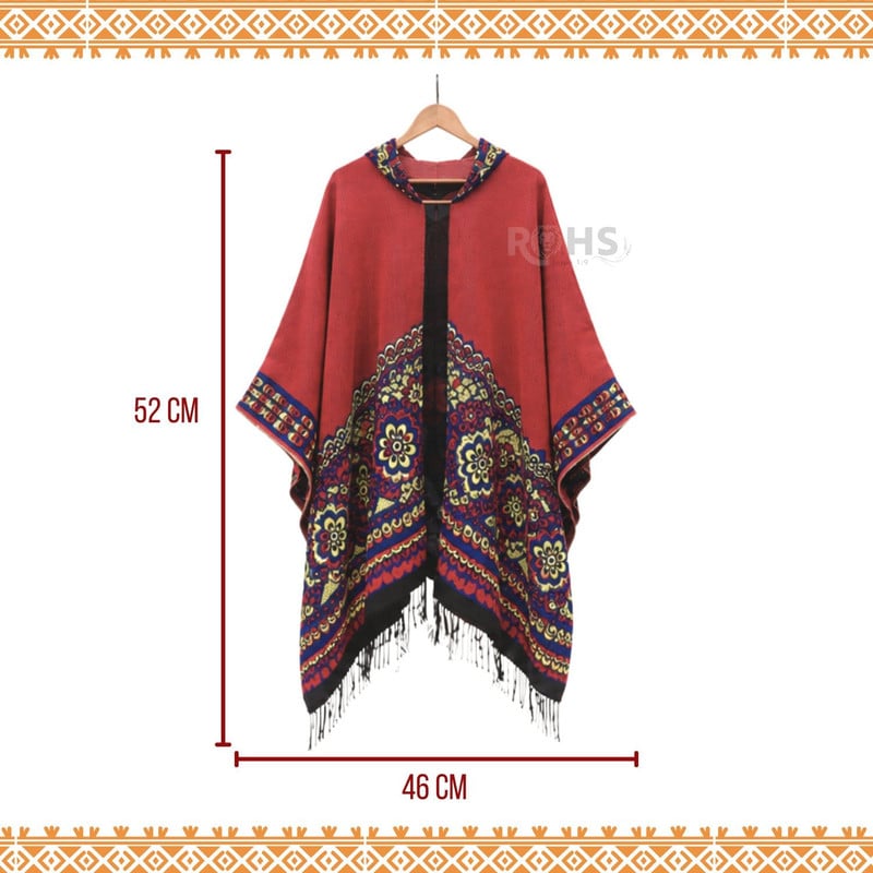 PONCHO CON CAPUCHA ROJA CON BORDADO COLORIDO DE TELA SUAVE CON FLECOS 52 X 46 CM - 5