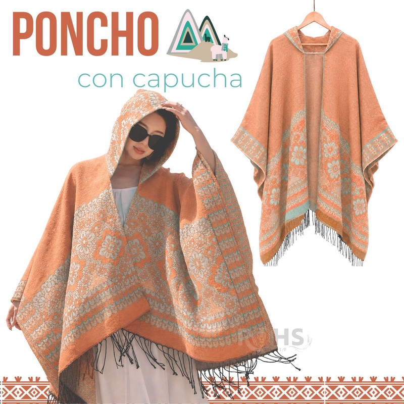 PONCHO CON CAPUCHA DURAZNO CON BORDADO FLORAL DE TELA SUAVE CON FLECOS 52 X 46 CM - 1