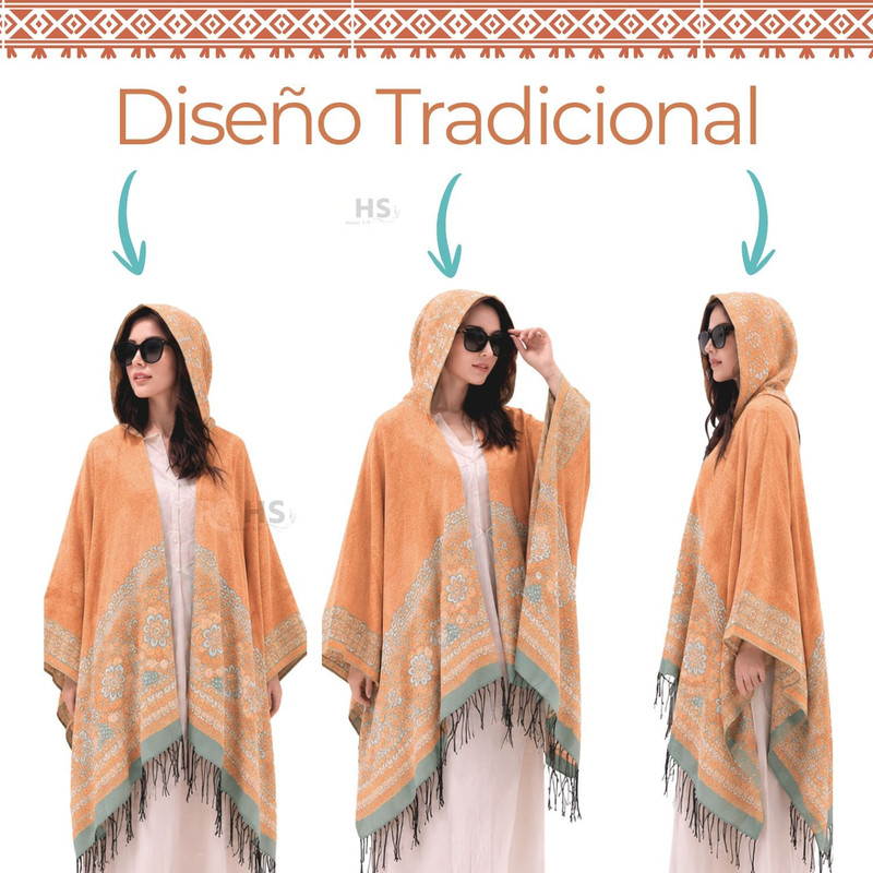 PONCHO CON CAPUCHA DURAZNO CON BORDADO FLORAL DE TELA SUAVE CON FLECOS 52 X 46 CM - 3