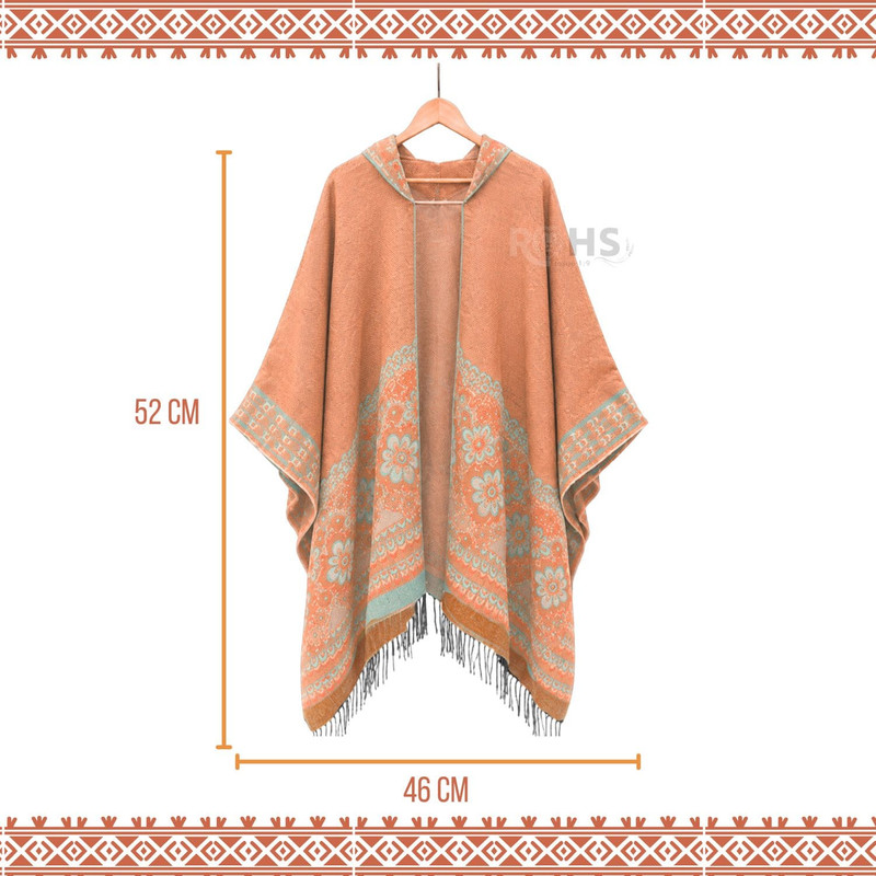 PONCHO CON CAPUCHA DURAZNO CON BORDADO FLORAL DE TELA SUAVE CON FLECOS 52 X 46 CM - 5