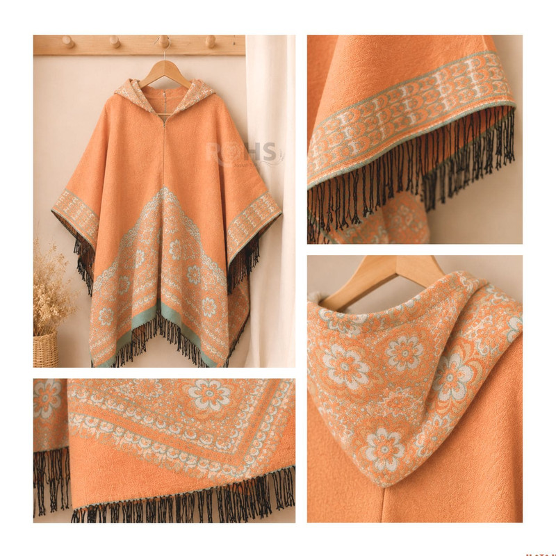 PONCHO CON CAPUCHA DURAZNO CON BORDADO FLORAL DE TELA SUAVE CON FLECOS 52 X 46 CM - 6