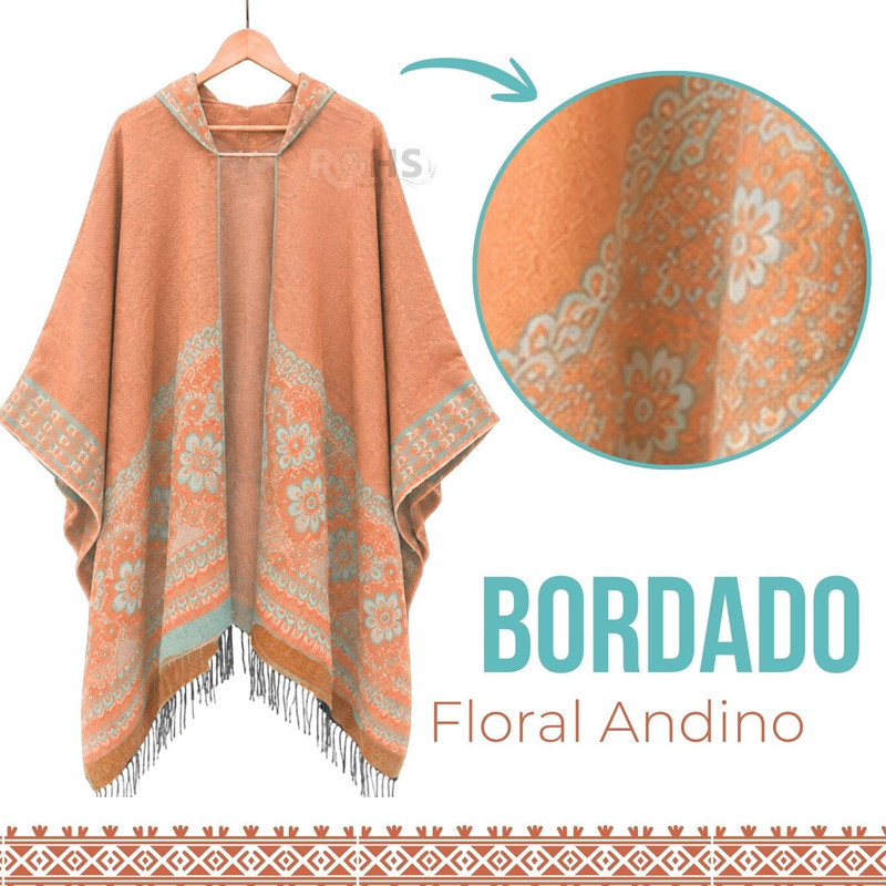 PONCHO CON CAPUCHA DURAZNO CON BORDADO FLORAL DE TELA SUAVE CON FLECOS 52 X 46 CM - 7