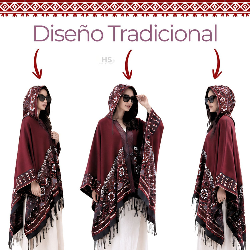 PONCHO CON CAPUCHA ROJA CON BORDADO FLORAL DE TELA SUAVE CON FLECOS 52 X 46 CM - 3