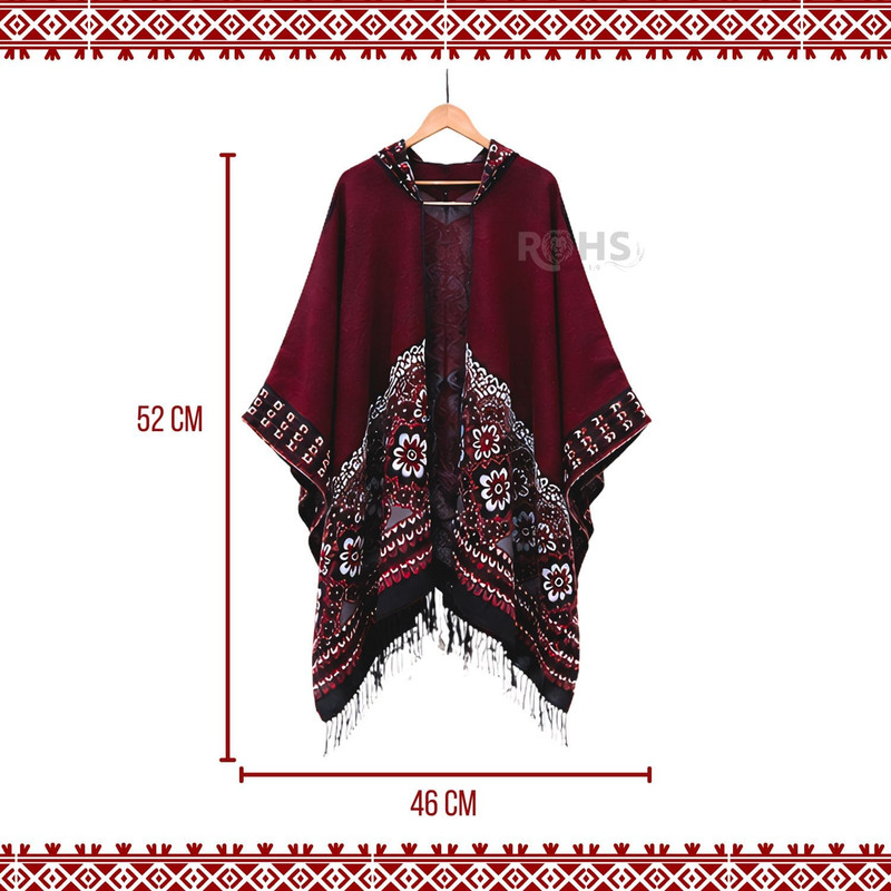 PONCHO CON CAPUCHA ROJA CON BORDADO FLORAL DE TELA SUAVE CON FLECOS 52 X 46 CM - 5