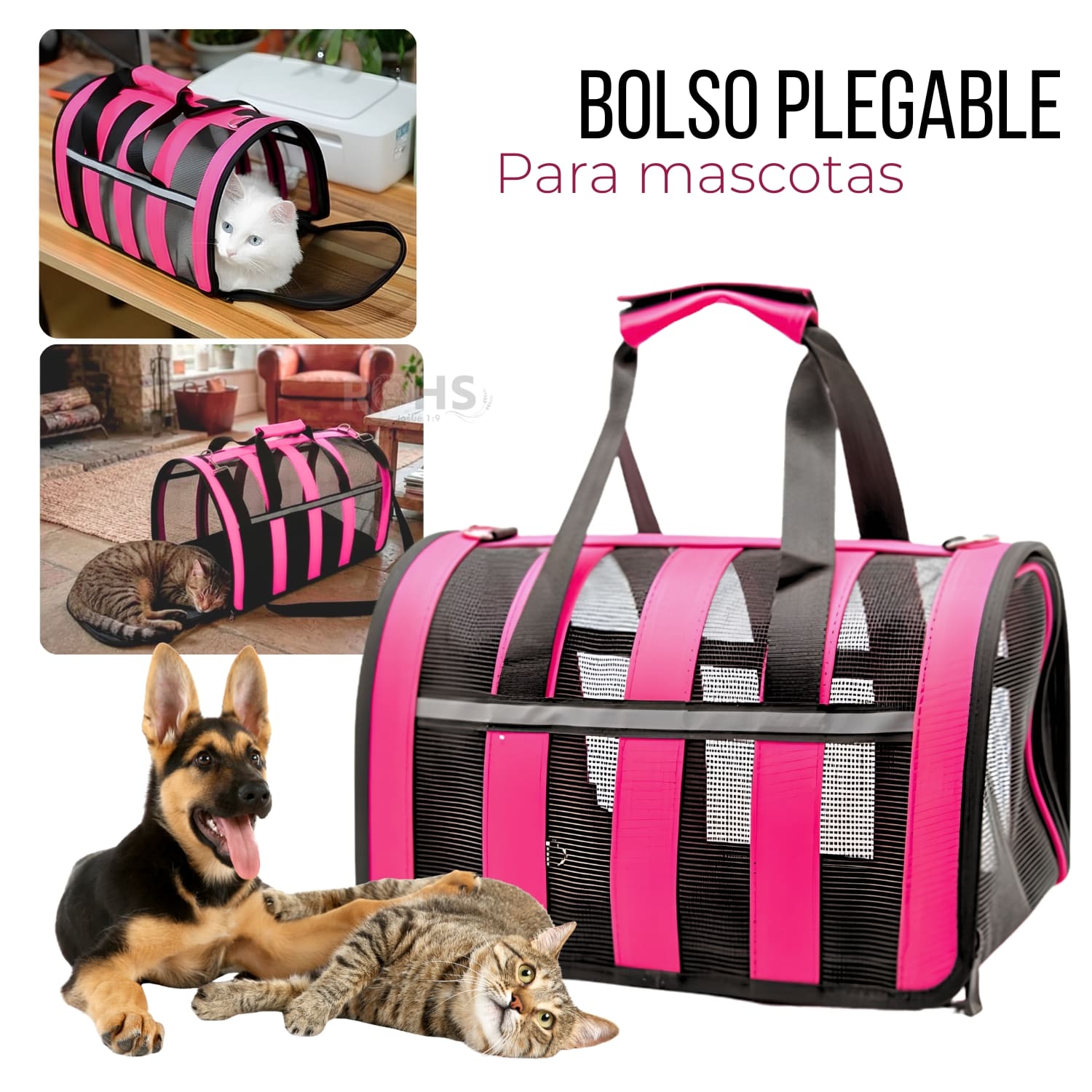 BOLSO TRANSPORTADOR PLEGABLE ROSADO PARA PERROS Y GATOS CON MALLA TRANSPIRABLE - 1