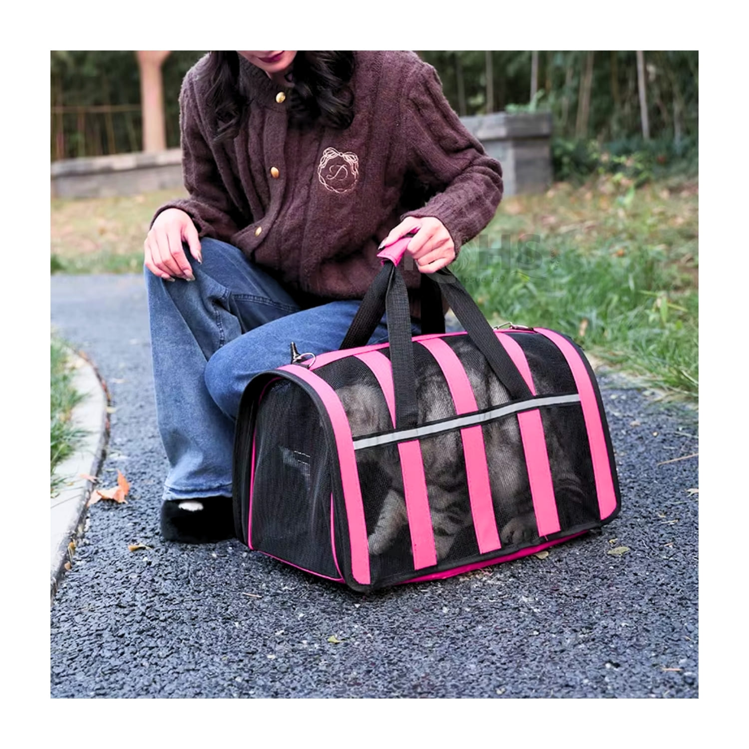 BOLSO TRANSPORTADOR PLEGABLE ROSADO PARA PERROS Y GATOS CON MALLA TRANSPIRABLE - 4
