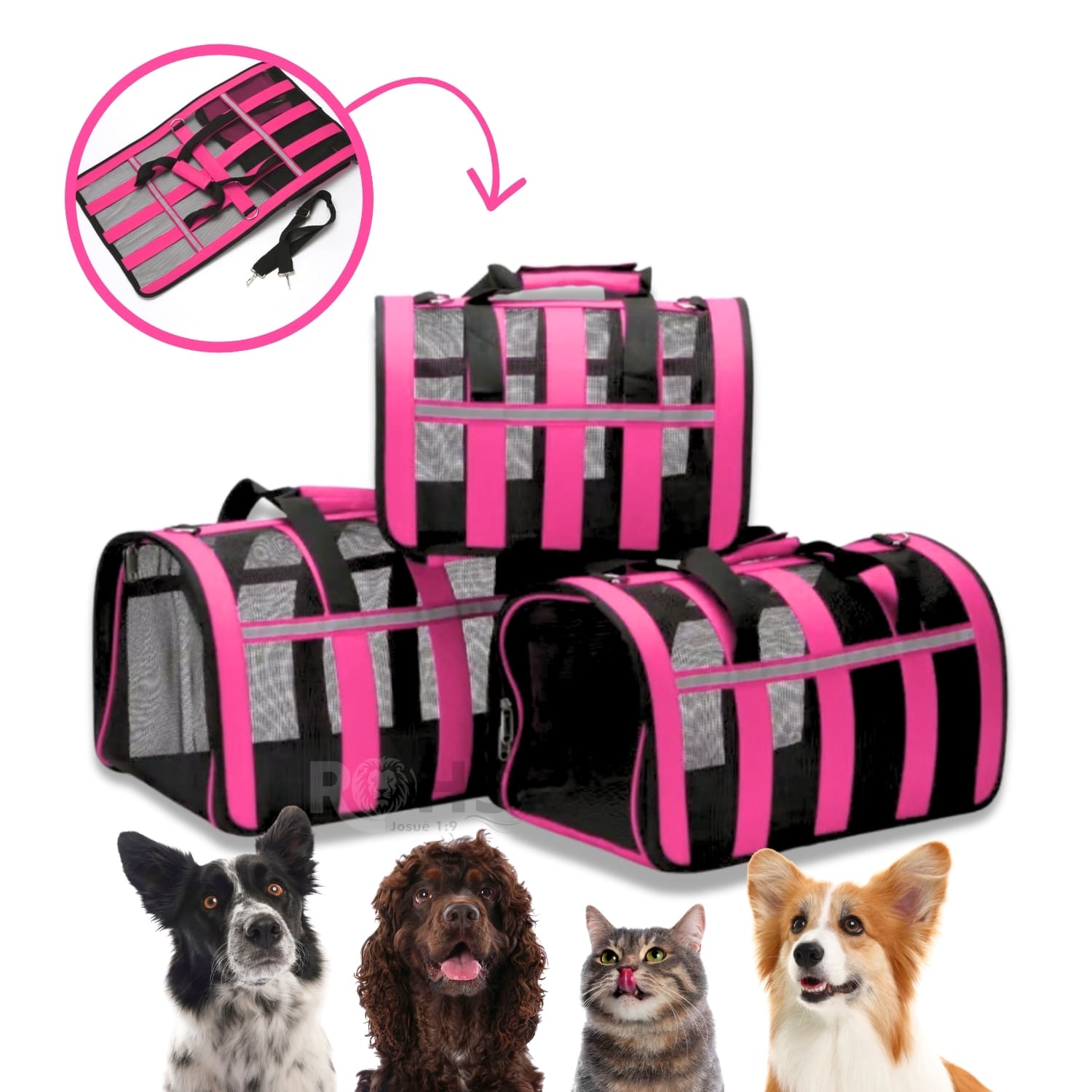 BOLSO TRANSPORTADOR PLEGABLE ROSADO PARA PERROS Y GATOS CON MALLA TRANSPIRABLE - 5
