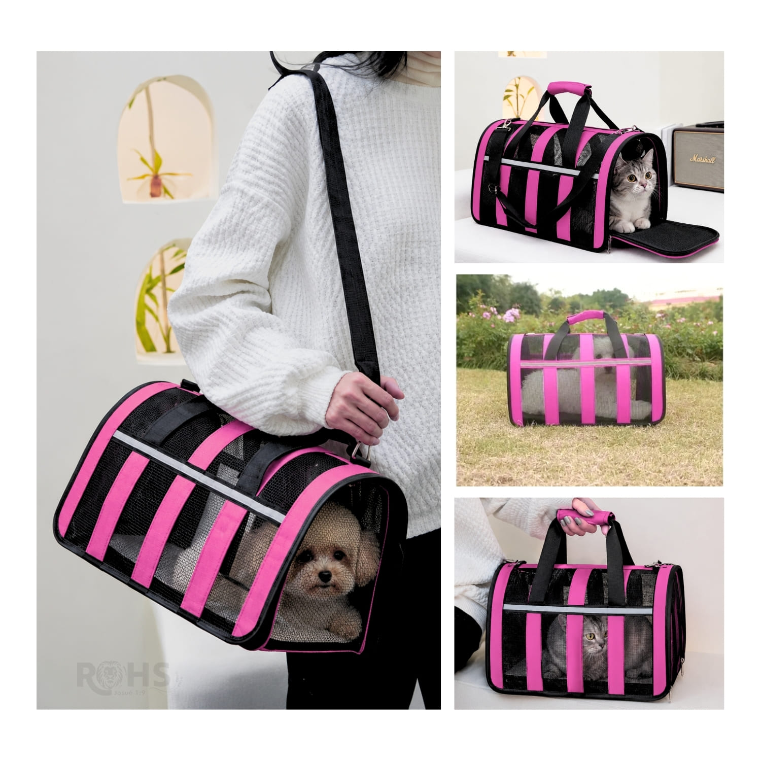 BOLSO TRANSPORTADOR PLEGABLE ROSADO PARA PERROS Y GATOS CON MALLA TRANSPIRABLE - 7