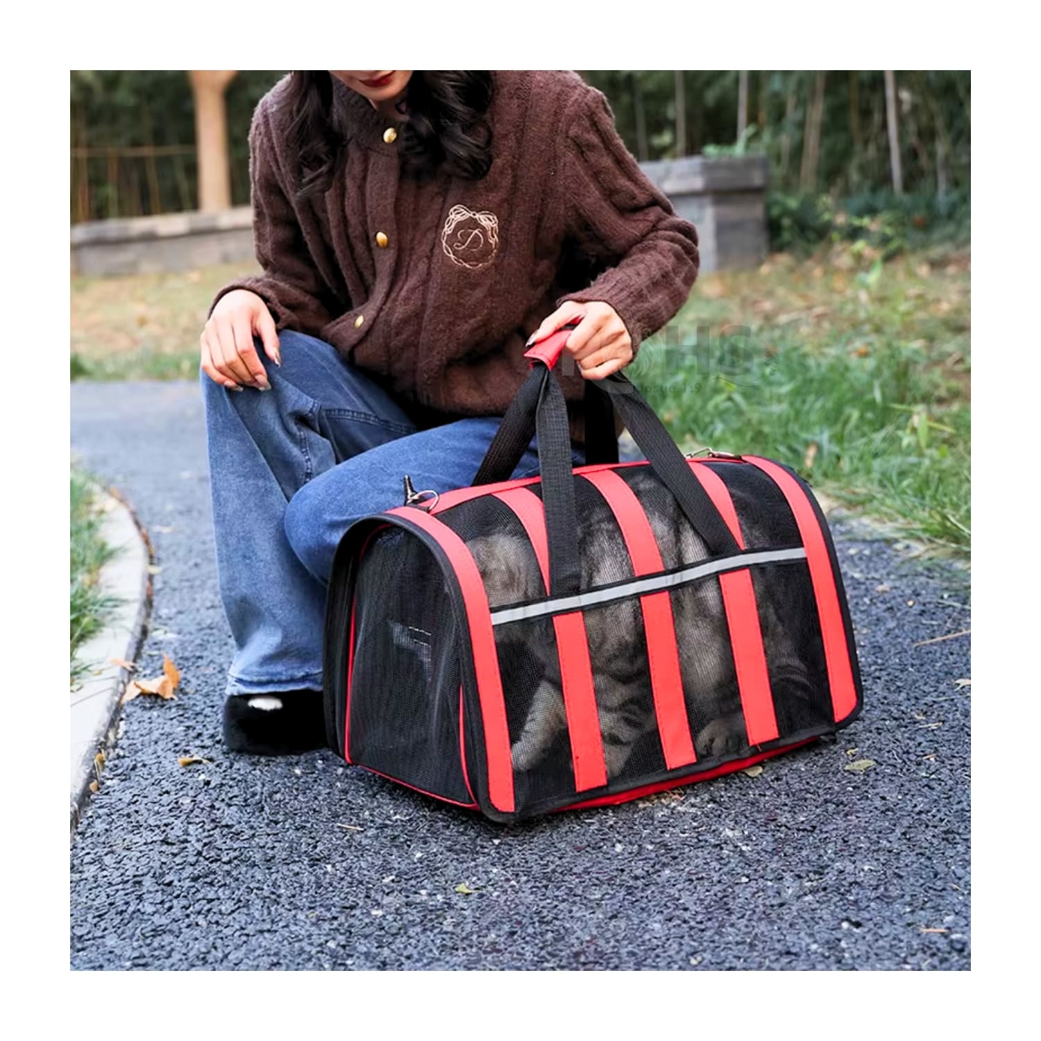 BOLSO TRANSPORTADOR PLEGABLE ROJO PARA PERROS Y GATOS CON MALLA TRANSPIRABLE - 4