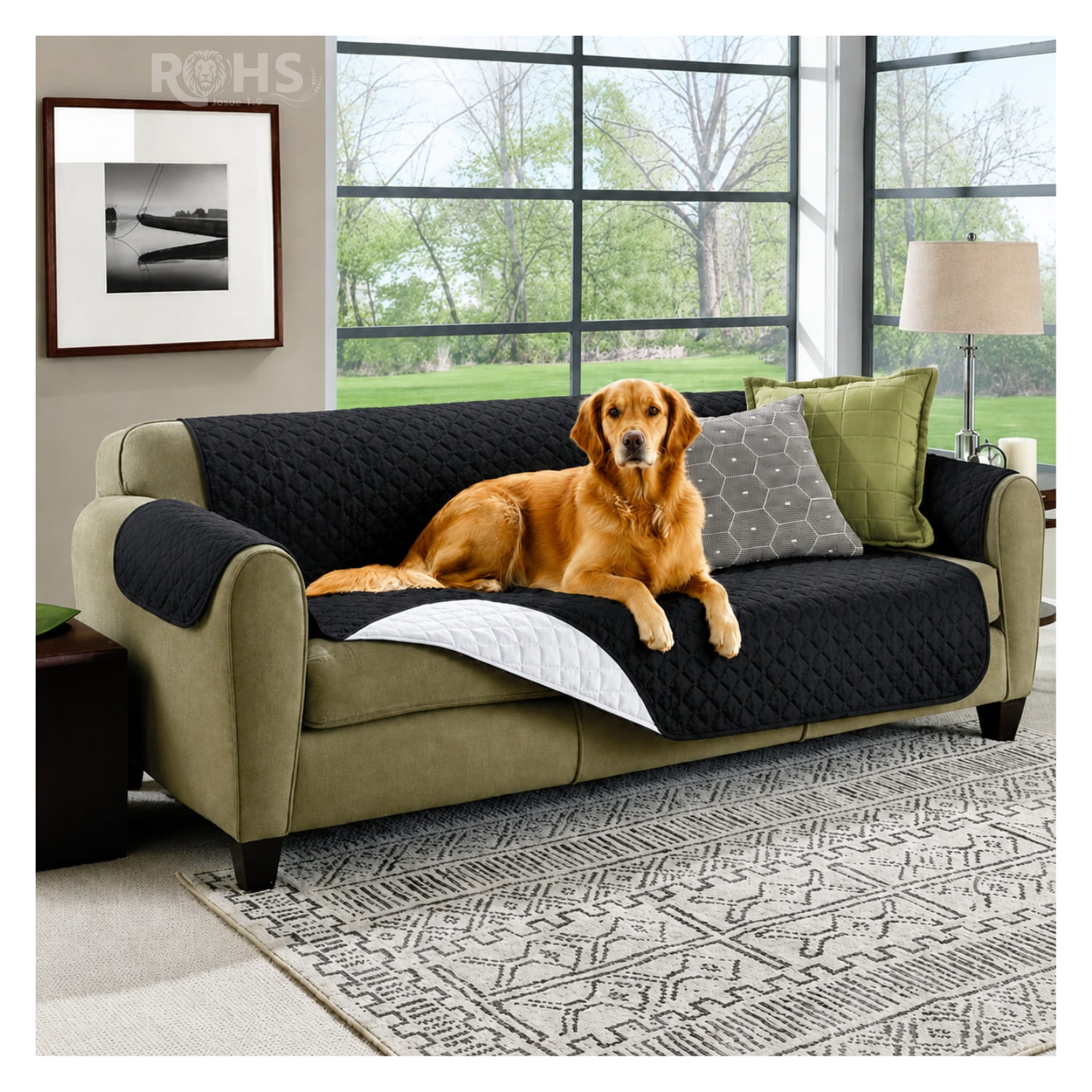 COBERTOR REVERSIBLE NEGRO PARA SOFÁ CON PROTECTOR ACOLCHADO 256 X 156 CM - 7