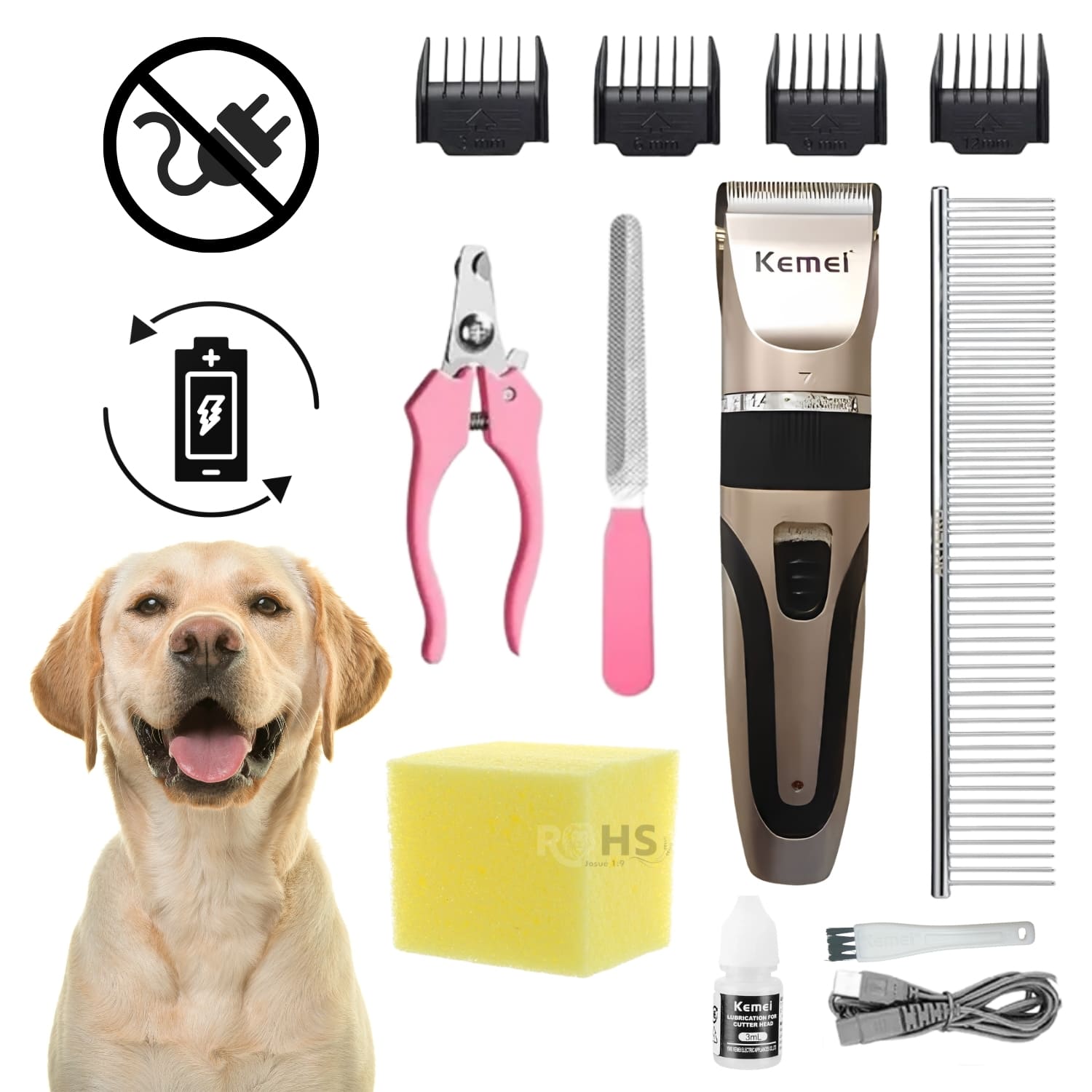 MÁQUINA KEMEI DE ASEO PARA MASCOTAS RECARGABLE CON ACCESORIOS DE CORTE - 4