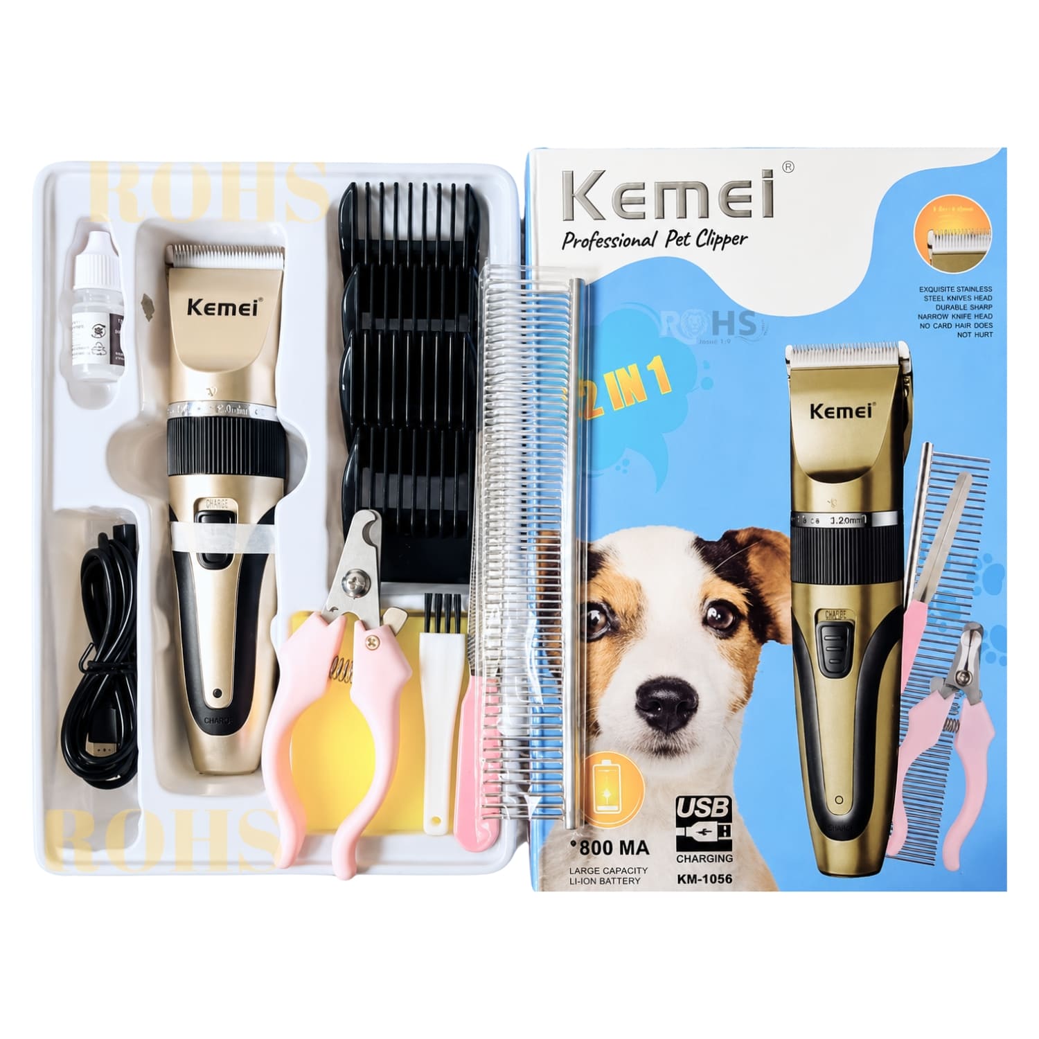 MÁQUINA KEMEI DE ASEO PARA MASCOTAS RECARGABLE CON ACCESORIOS DE CORTE - 7