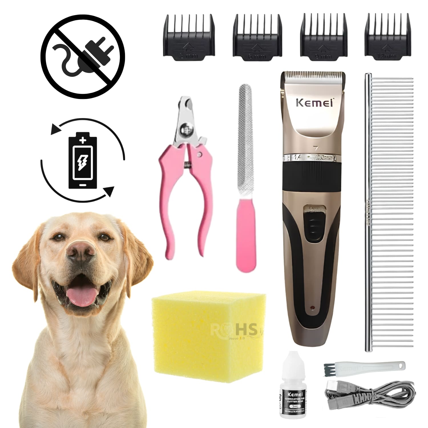 DÚO MASCOTA KIT DE ASEO KEMEI Y CEPILLO QUITA PELUSA GRIS - 6