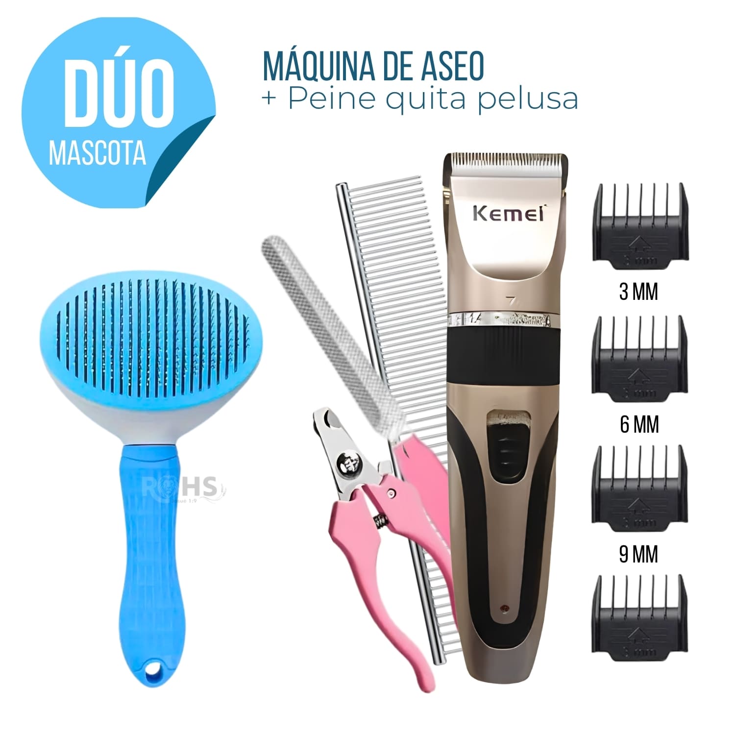 DÚO MASCOTA KIT DE ASEO KEMEI Y CEPILLO QUITA PELUSA CELESTE - 1