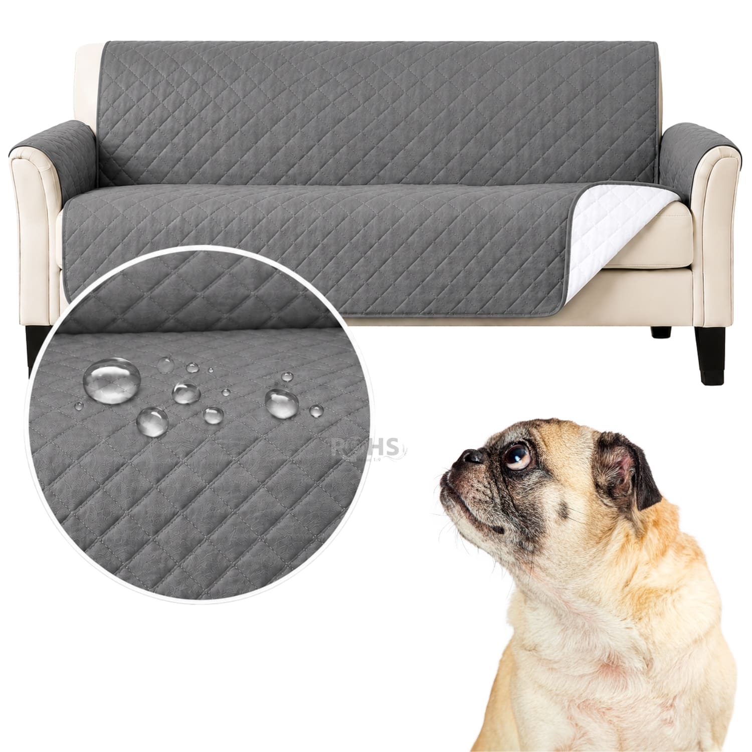 COBERTOR REVERSIBLE GRIS PARA SOFÁ CON PROTECTOR ACOLCHADO 256 X 156 CM - 4