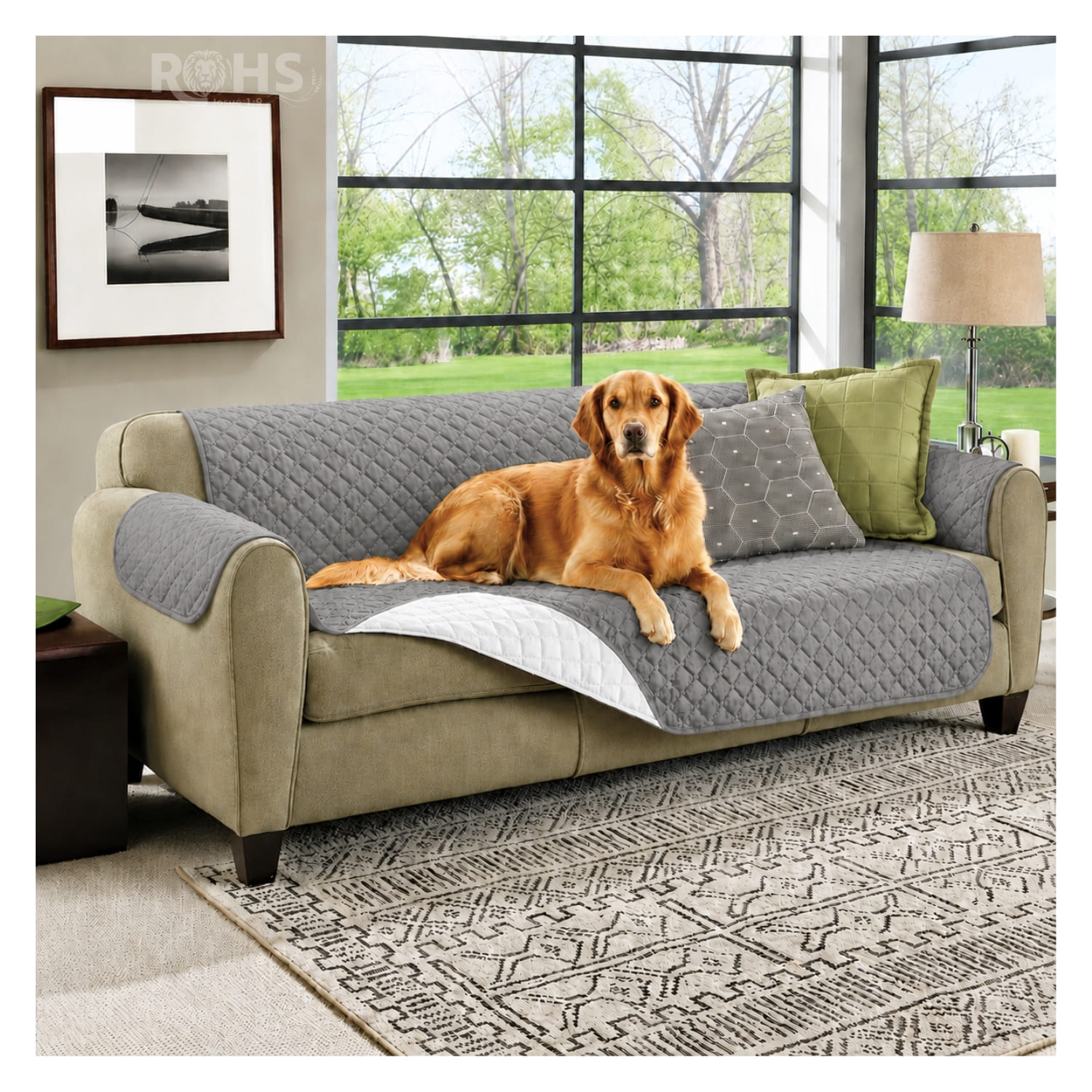 COBERTOR REVERSIBLE GRIS PARA SOFÁ CON PROTECTOR ACOLCHADO 256 X 156 CM - 7