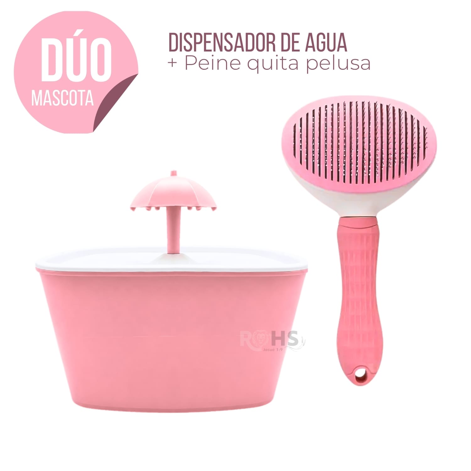 DÚO MASCOTA DISPENSADOR DE AGUA ROSA Y CEPILLO QUITA PELUSA PARA PERROS Y GATOS - 1