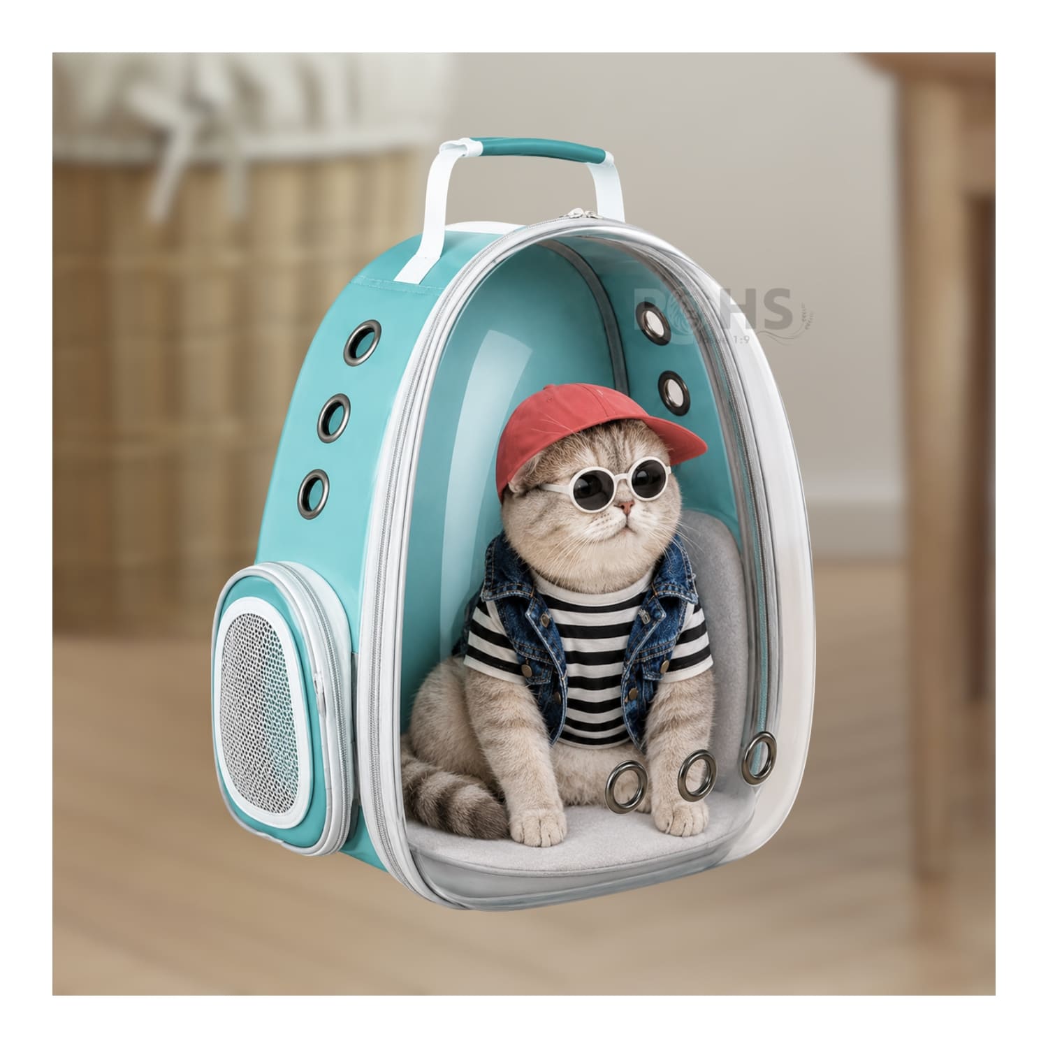 MOCHILA TRANSPORTADORA CELESTE PARA MASCOTAS CON VENTANA TRANSPARENTE Y CORREAS AJUSTABLES - 4
