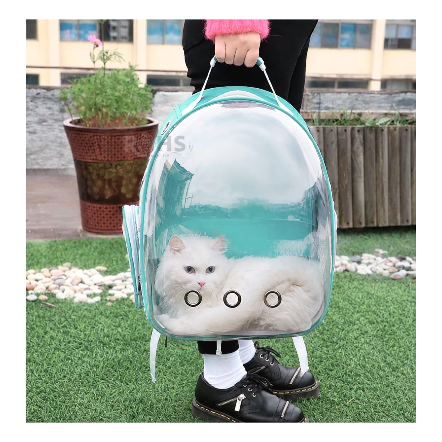 MOCHILA TRANSPORTADORA CELESTE PARA MASCOTAS CON VENTANA TRANSPARENTE Y CORREAS AJUSTABLES - 5